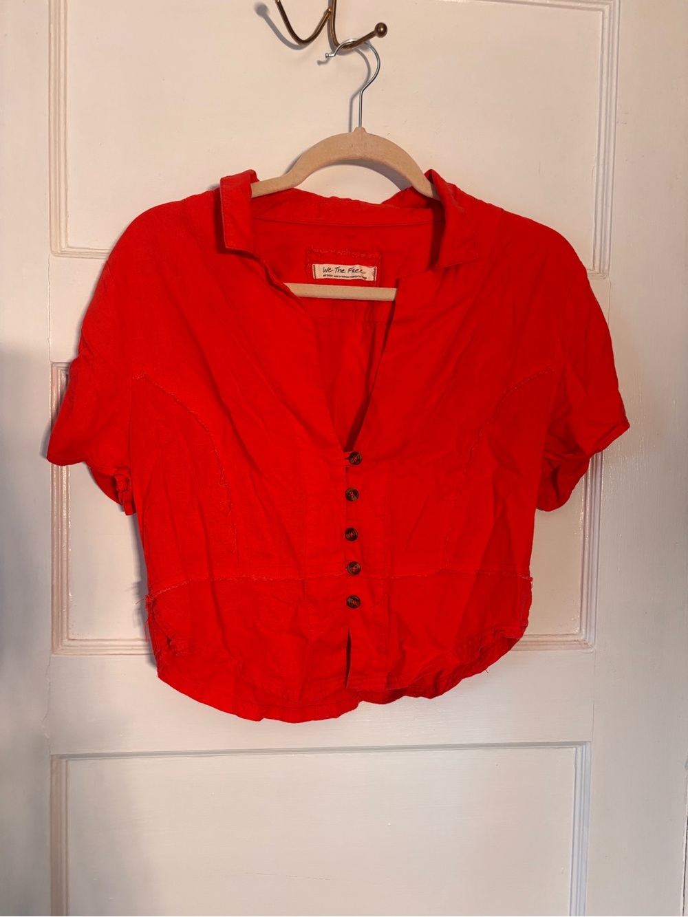 We The Free Womens Red Button-Front Short Sleeve Top Medium